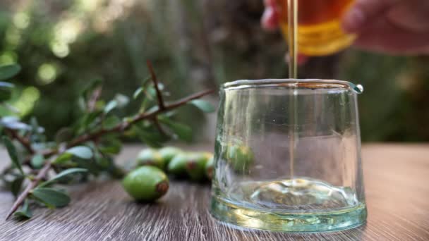 Olio Argan Viene Versato Una Bottiglia Vetro Questo Olio Argan — Video Stock