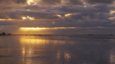 Gün batımında bulutlu bir gökyüzü, yansımaları, martıları ve Essaouira, Fas 'tan gelen dalgalarla güzel sakin bir sahil manzarası. Doğadaki güzellik arka plan görüntüsü. Yavaş çekim.
