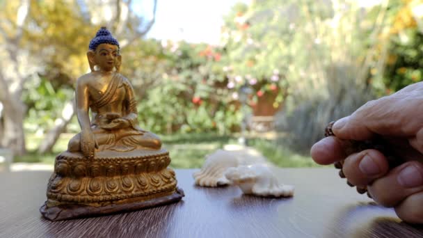 Oude Vrouw Bidt Herhaalt Zingt Een Mantra Met Een Japa — Stockvideo