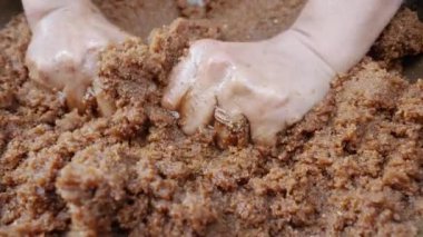 Faslı bir kadın yoğuruyor Argan ezmesi, hamuru. 4 bin. Popüler Argan fıstıklarından yağ çıkarmak için bir adım. Geleneksel, el yapımı Argan yağı, yağ asitleri bakımından zengindir ve yemek ve kozmetik ürünlerinde kullanılır..