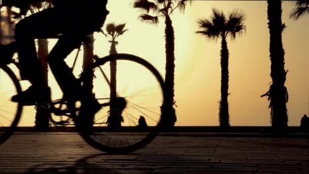 在摩洛哥埃塞萨乌拉海滩的长廊上 夕阳西下 年轻人骑自行车 孩子们玩耍 夏日快乐的轮廓映入眼帘 快乐的户外活动 慢动作4K — 图库视频影像