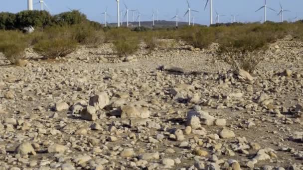 摩洛哥埃塞萨乌拉Sidi Kaouki的风能风车和石质干枯景观 摩洛哥绿色可持续可再生能源发电 — 图库视频影像