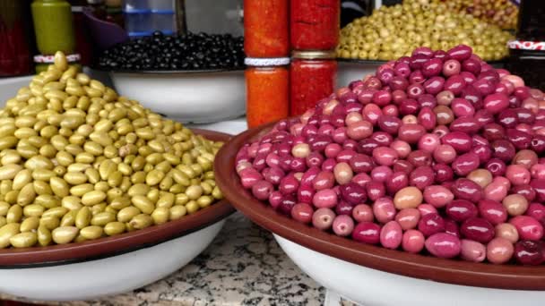 Piles Green Red Black Moroccan Olives Souk Medina Marrakech Marrakesh — Video