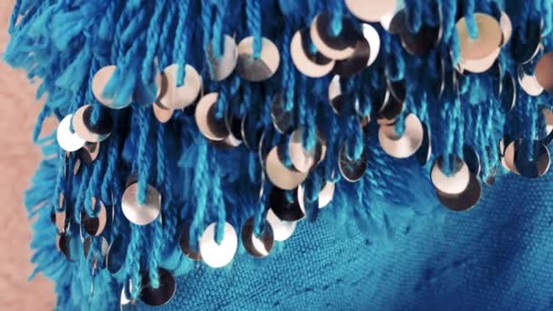 Traditional Moroccan Blue Wool Fabric Blanket Silver Paillettes Sequin Used — ストック動画