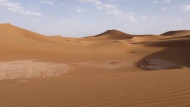 Beautiful serene desert sand dunes landscapes in the Sahara desert, Mhamid, Erg Chigaga, Morocco. Panning, 4k. 