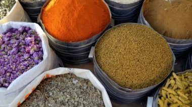 Moroccan rural spice market in a weekly food bazaar in Foum Zguid, Morocco. 4k food background footage.