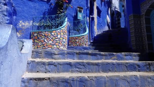 Street Detail Blue Painted House Chefchaouen Morocco Medina Chefchaouen Famous — Stok video