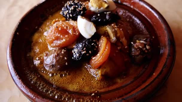 Traditional Beef Meat Tajine Tagine Meal Served Moroccan Clay Pot — Video Stock