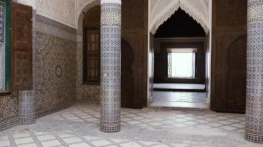Telouet, Morocco - June 6, 2022: Interior architecture of Kasbah Telouet. Landmark, attraction, and important travel destination, touristic site of Morocco. 4k footage.