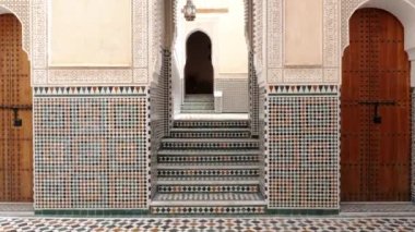 Meknes, Morocco - July 25, 2022: Interior architecture of the Mausoleum of Moulay Ismail. Landmark, attraction, and important travel destination, touristic site of Meknes. 4k footage.