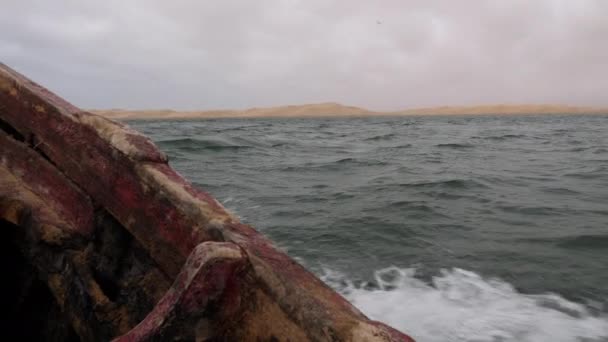 Fishing Boat Drives Windy Rough Sea Desert Sand Dunes Lac — Video