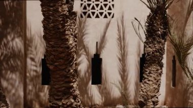 Adobe architecture house with shadows of date palms, South Morocco. Ancient, traditional Moroccan houses and kasbahs built with a mix of clay, straw, and water. 4k footage.