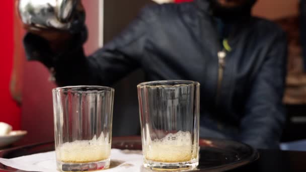 Moroccan Mint Tea Being Poured Glasses Mixing Sugar Rural Morocco — Vídeos de Stock