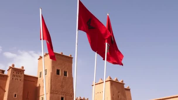 Kasbah Μαροκινές Σημαίες Στο Ouarzazate Μαρόκο Παραδοσιακή Αρχιτεκτονική Του Νοτίου — Αρχείο Βίντεο