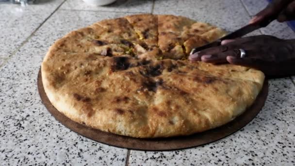 Traditional Moroccan Berber Pizza Being Cut Pieces Authentic Local Dish — Stock Video