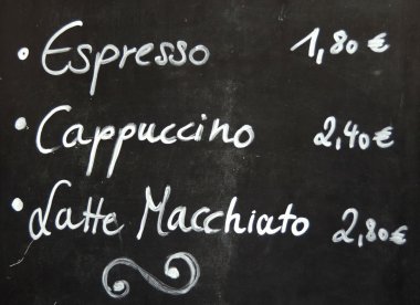 Cafe kahve menüsü