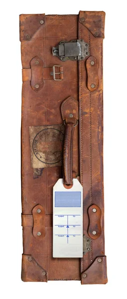 Retro Vintage Old Brown Suitcase Blank Luggage Tag Label Isolated — Stock Photo, Image