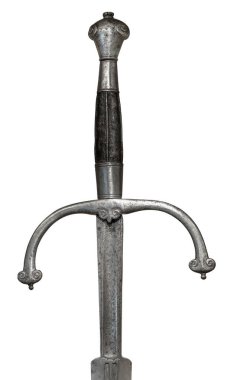 Beyaz bir arka planda izole edilmiş kadim bir kılıç (Hilt ve Crossguard)