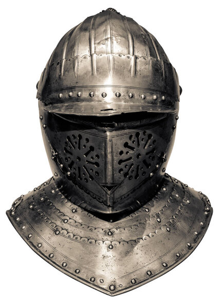 Isolation Of A Medieval Helmet, Visor And Gorget From A Suit Of Armour, On A White Background