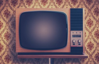 Çirkin 1970 'lerin antika duvar kağıdının olduğu bir odada retro TV
