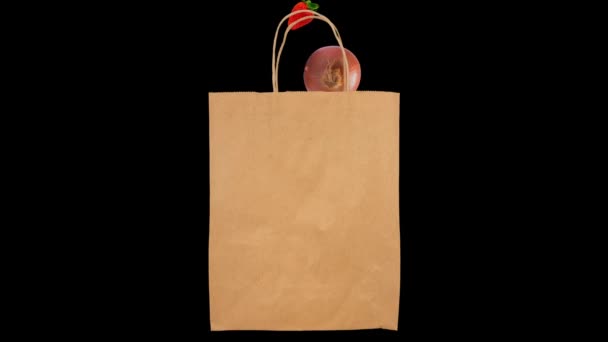 健康的水果和蔬菜掉进一个鼓鼓囊囊的纸袋 有环路和阿尔法通道 — 图库视频影像