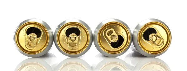 End view of four empty beer cans on white background — Stock Photo, Image