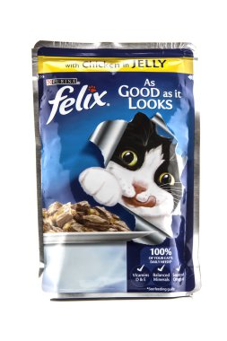 Felix Chicken in Jelly Cat food by PURINA on a white background clipart