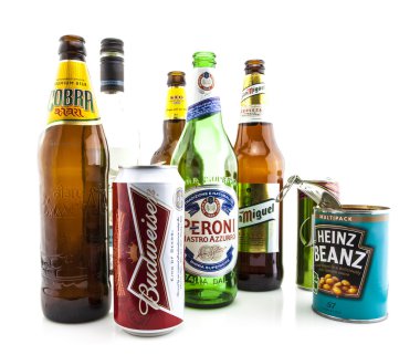 Collection of empty cans and bottles on a white background clipart