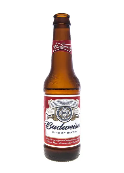 Bouteille ouverte de bière Budweiser sur fond blanc — Photo