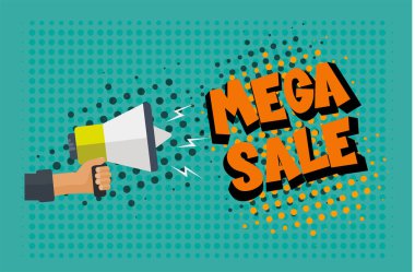 Yeşil yarım ton arka planda, el ele tutuşan megafonla Mega Satış Komedisi stili