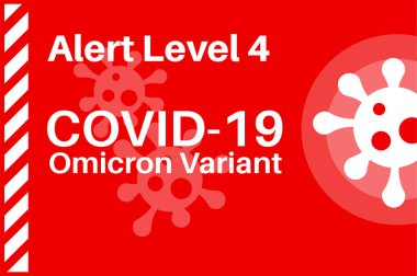 Uyarı Seviye 4 Covid-19 Omicron Endişe Varyantı - Kırmızı zemin üzerinde virüs logosu olan illüstrasyon.