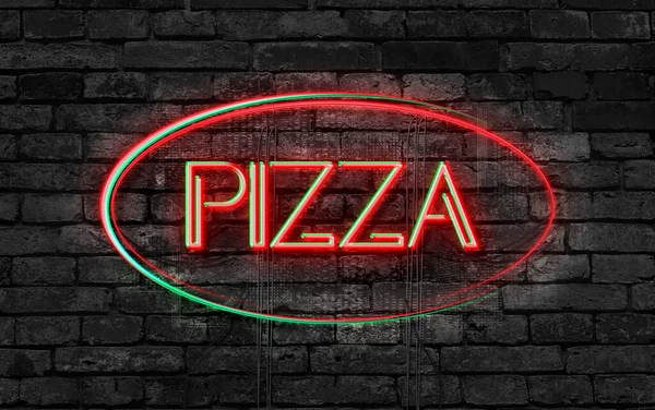 Pizza Neon Teken Een Donkere Bakstenen Achtergrond — Stockfoto