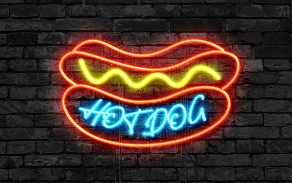 Hot Dog Neon Vector Sign Dark Wall — Stock Photo, Image