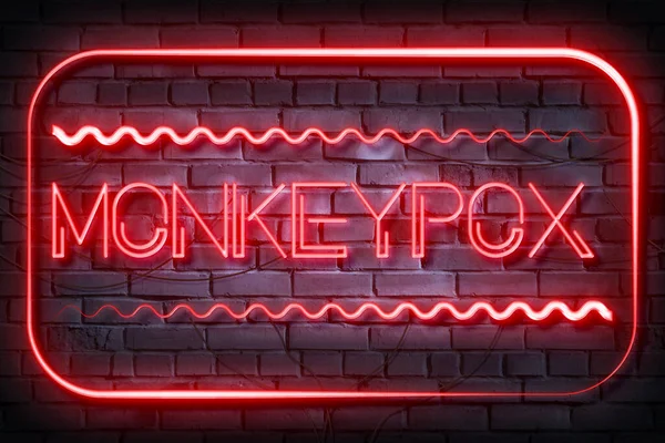Monkeypox Neon Zarejestruj Się Dark Brick Wall — Zdjęcie stockowe
