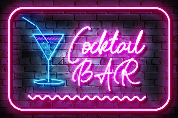 Koktejl Bar Neon Znamení Tmavé Cihlové Zdi — Stock fotografie