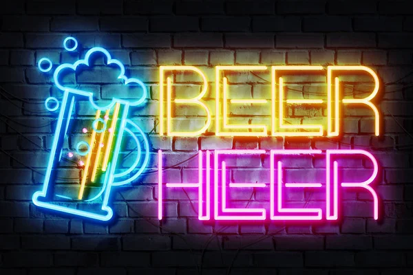 Beer Here Neon Sign Dark Brick Wall — Stock Photo, Image