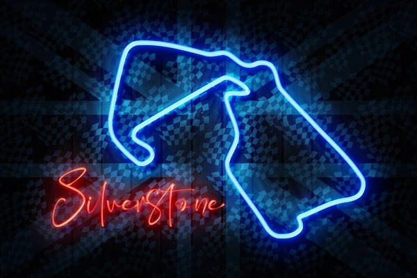 Silverstone Red Blue Neon Sign Dark Chackered Decorated Wooden Wall — стоковое фото
