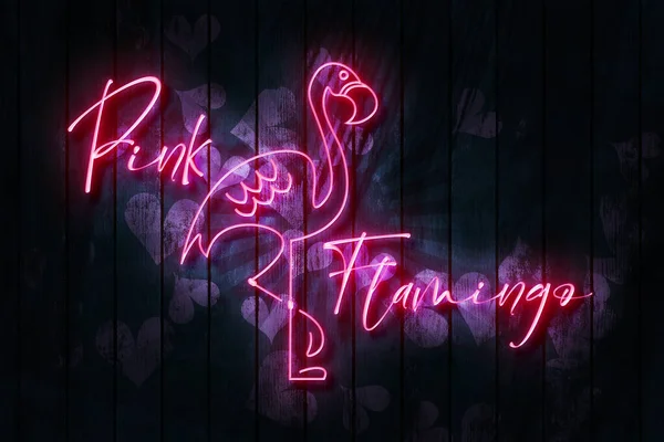 Sinal Néon Rosa Flamingo Uma Parede Madeira Escura Com Corações — Fotografia de Stock