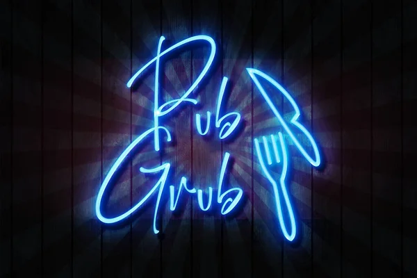 Pub Grub Blå Neon Tecken Mörk Trävägg Illustration — Stockfoto