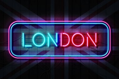 Londralı neon tabelanın üzerinde Dark Wooden Wall 3D illüstrasyon Union Jack arka planında.