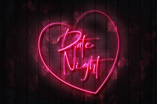 Date Night Neon Sign Dark Wooden Wall Illustration Red Heart — Zdjęcie stockowe