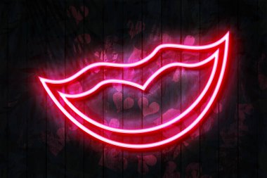 Lips neon sign on a Dark Wooden Wall 3D illustration with red heart background.
