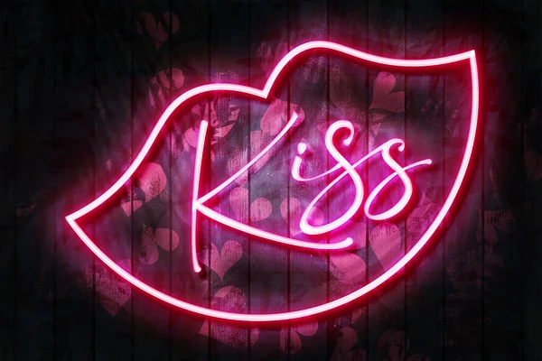 Kiss Neon Sign Neon Lips Dark Wooden Wall Illustration Red — Zdjęcie stockowe