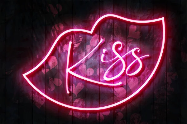 Kiss Neon Sign Neon Lips Dark Wooden Wall Illustration Red — Stok fotoğraf