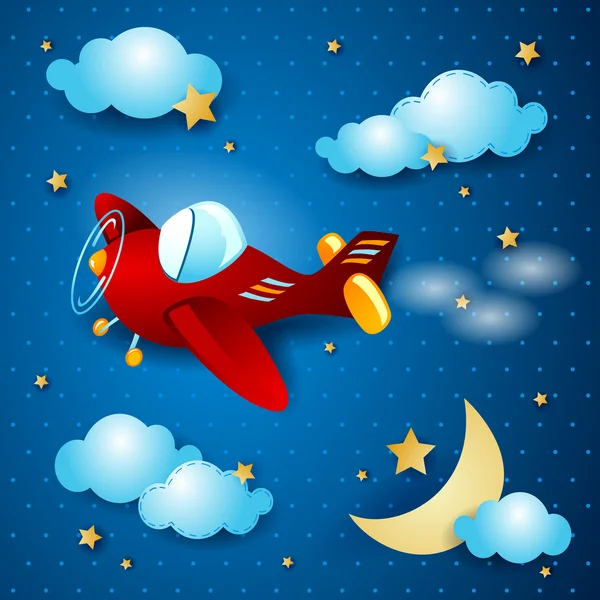 Red airplane at night — Stock Vector