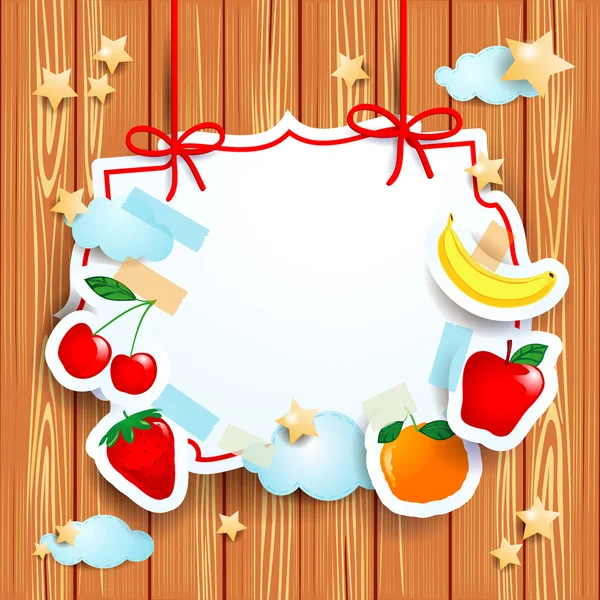 水果和木制背景上的标签 — 图库矢量图片