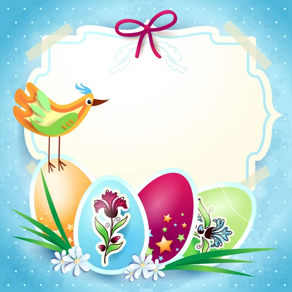 Easter background with bird, Easter eggs and label — Stock Vector