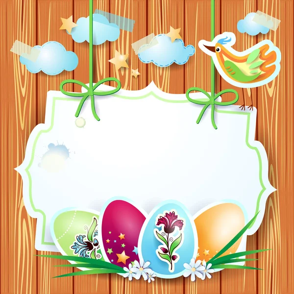 Fondo de Pascua con etiqueta, aves y huevos de Pascua — Vector de stock