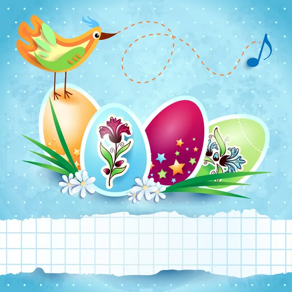 Fondo de Pascua con pájaro, huevos y pancarta — Vector de stock