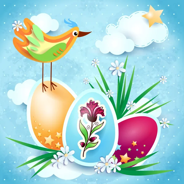 Пасхальный фон с птицей и яйцами — стоковый вектор